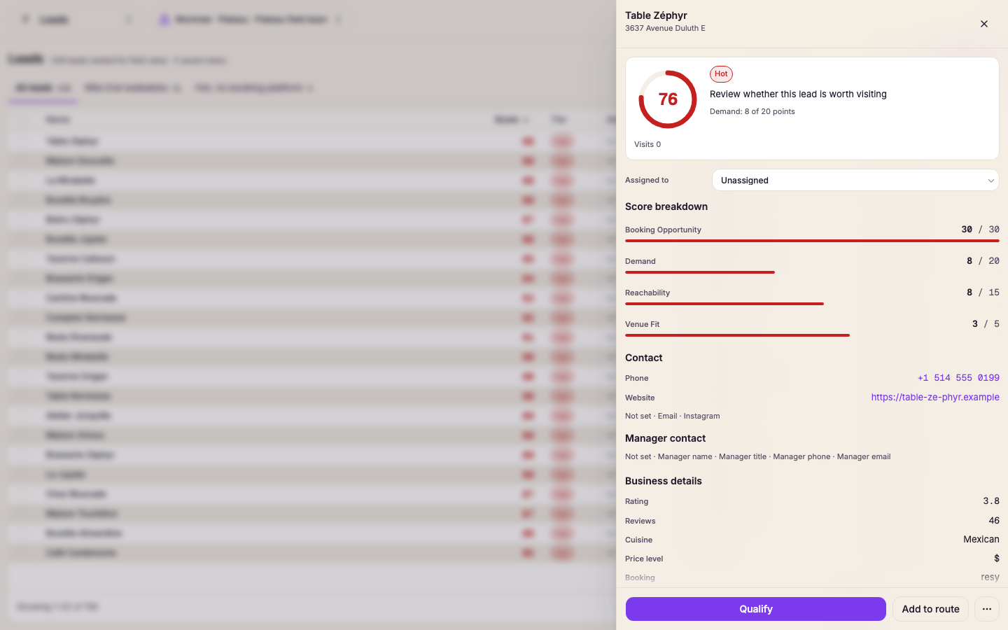 Lead detail with the score, its tier, the score breakdown, and Add to route