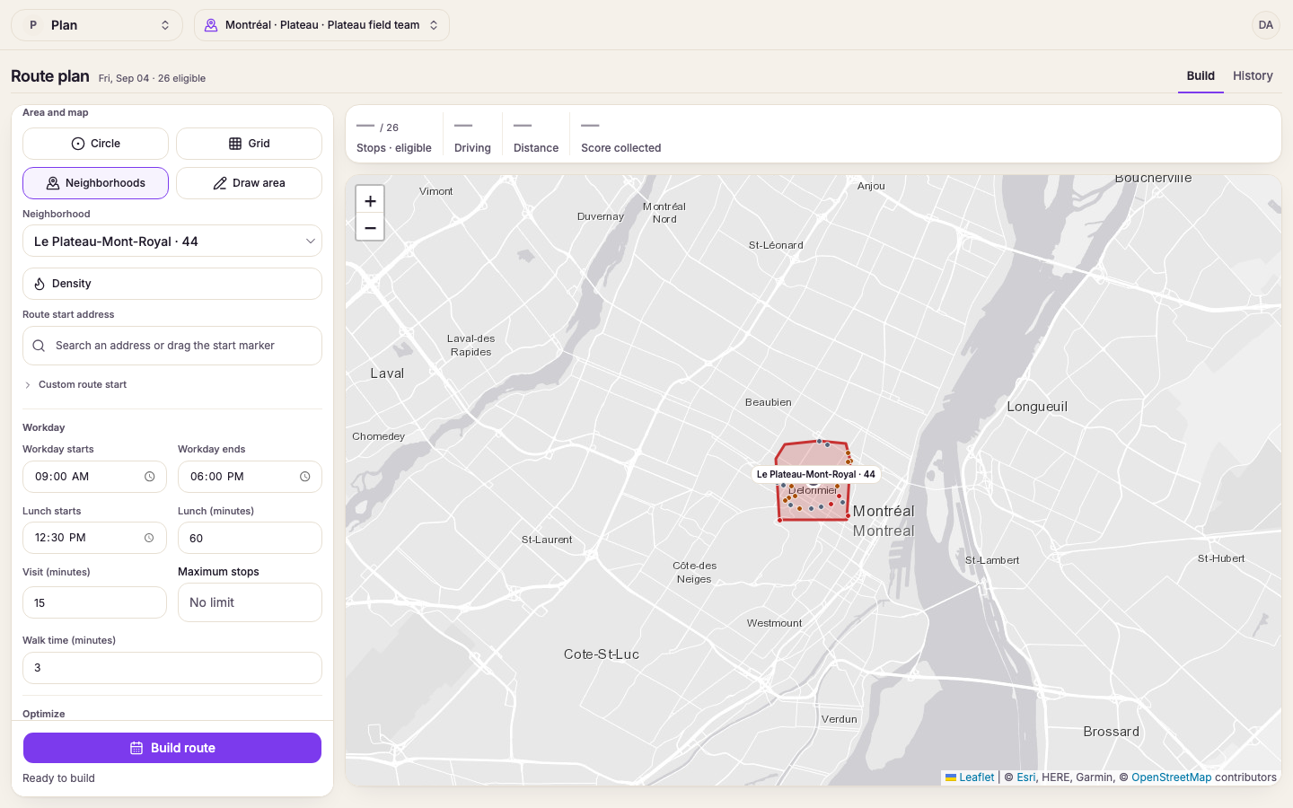 Area and map set to Neighborhoods with Le Plateau-Mont-Royal chosen, its outline and its eligible leads drawn on the route map