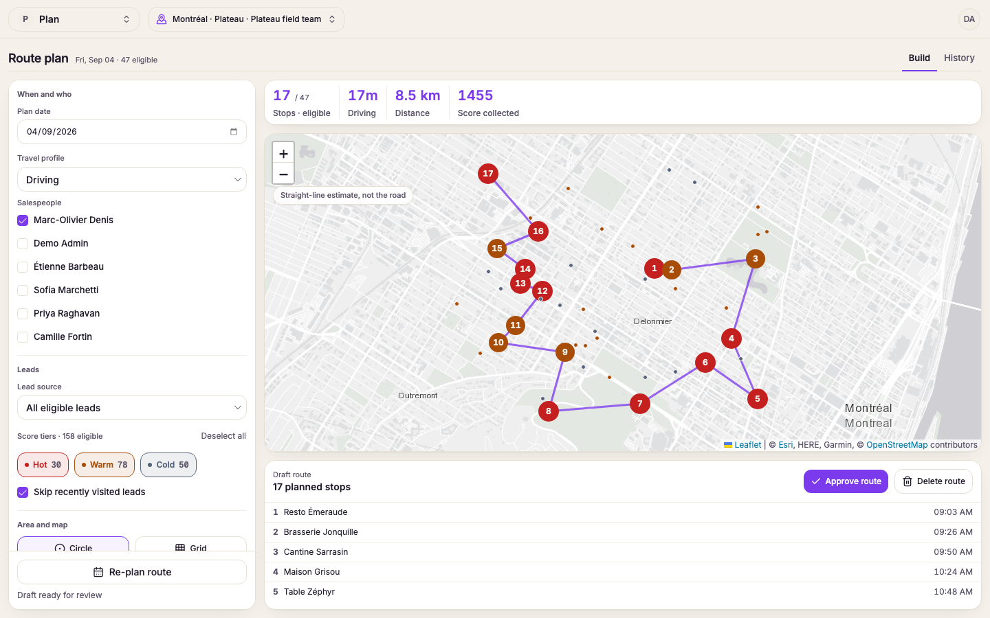A draft route ready for review, with its stop count, driving time, distance, and score collected