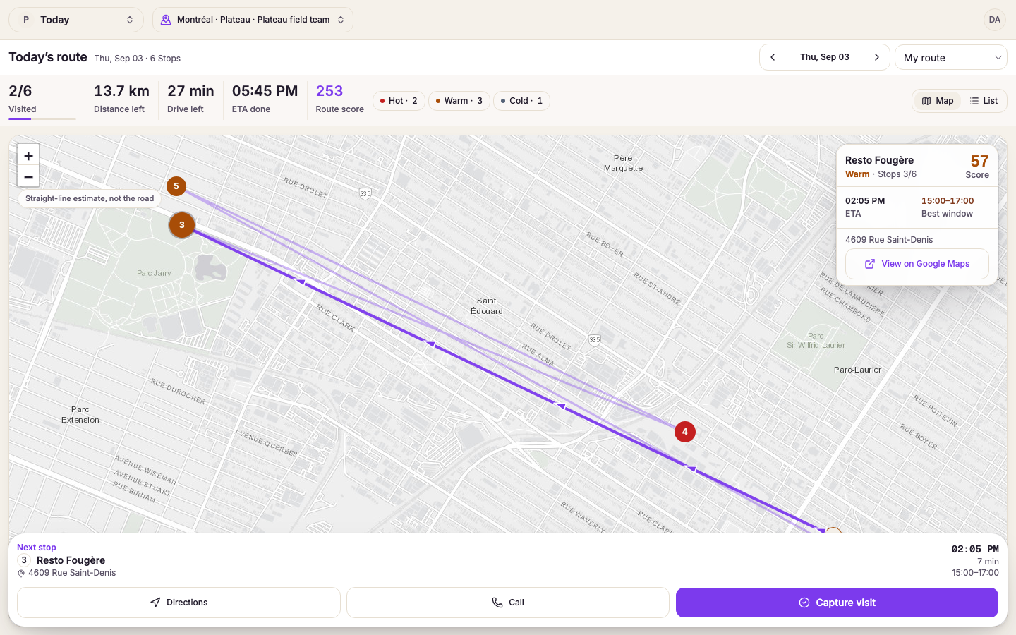 The route map with the next stop raised, its ETA, and the visit window